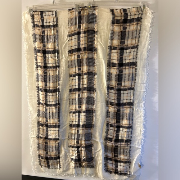 ROSE & ROSE BOHO CHIC CREAM/GREY/BLACK/PINK BLUSH PLAID OBLONG SCARF - Picture 2 of 8